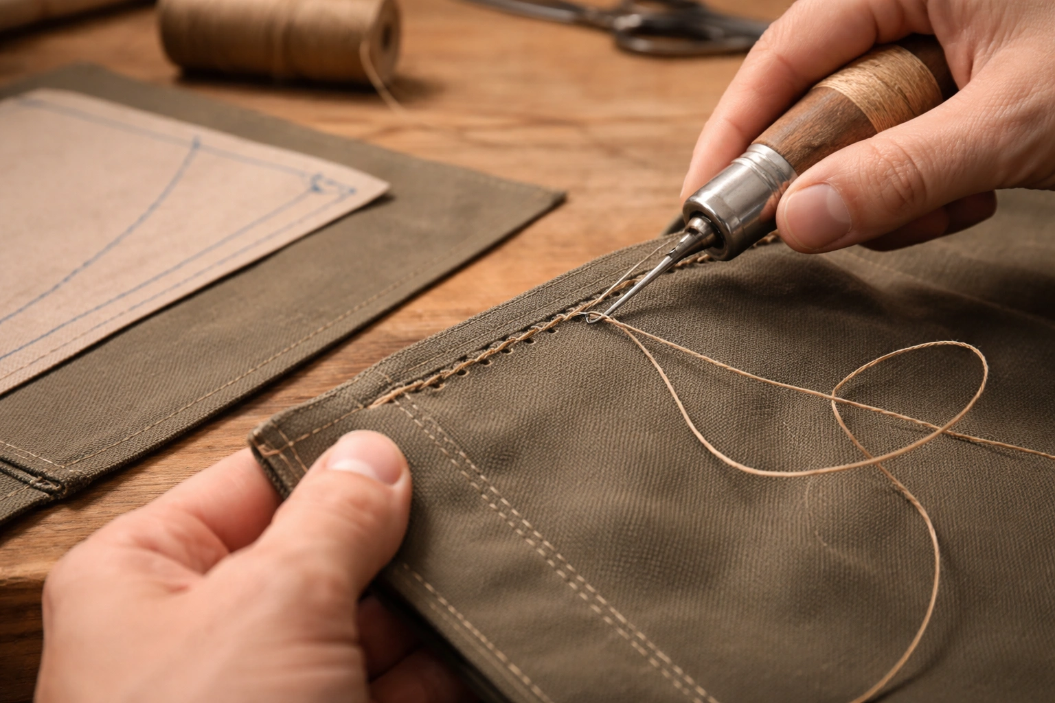 Close-up of hands using sewing awl to stitch heavy-duty canvas fabric on wooden workbench with traced pattern beside