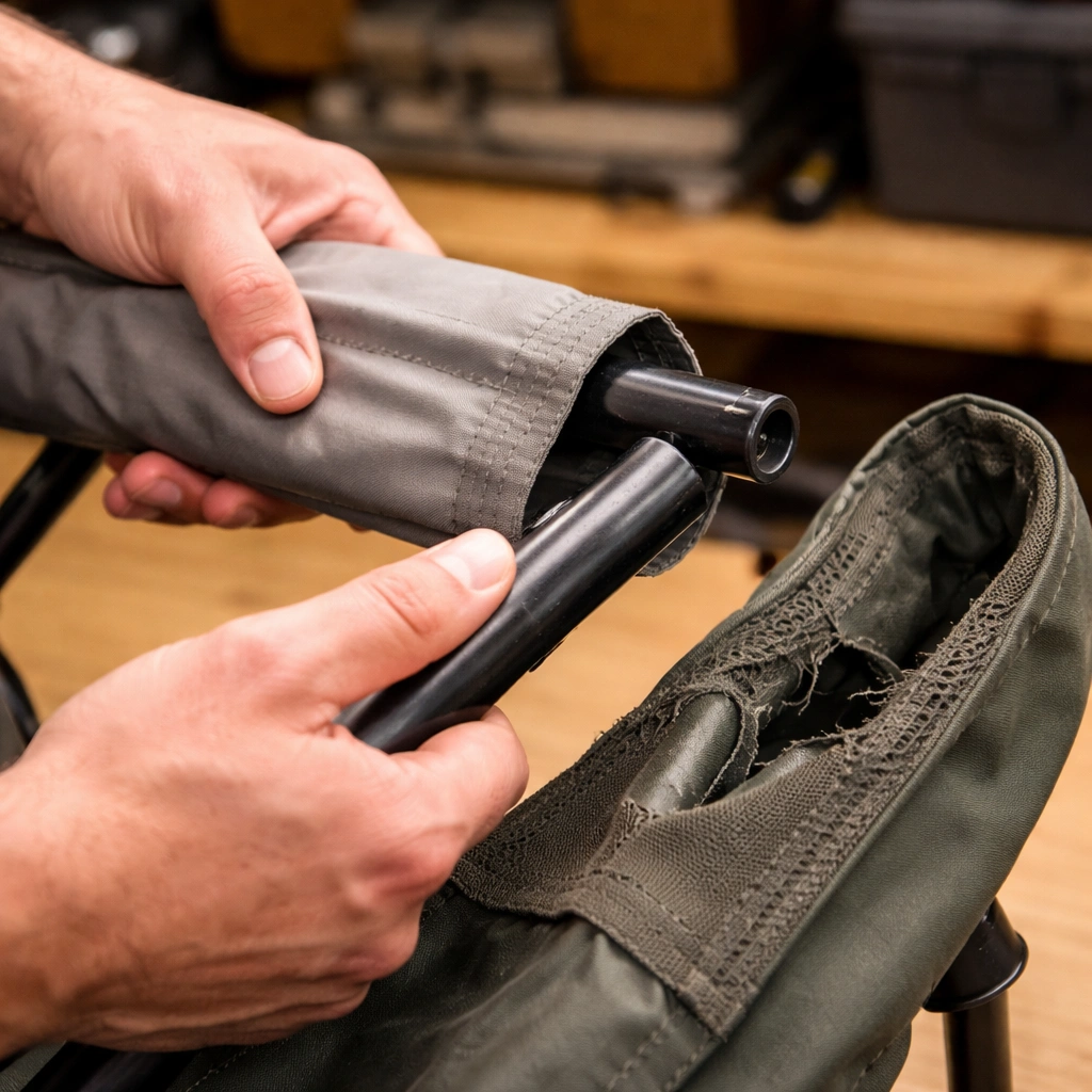 Hands sliding new grey polyester fabric sleeve onto metal frame tube of disassembled camping chair with old torn fabric beside