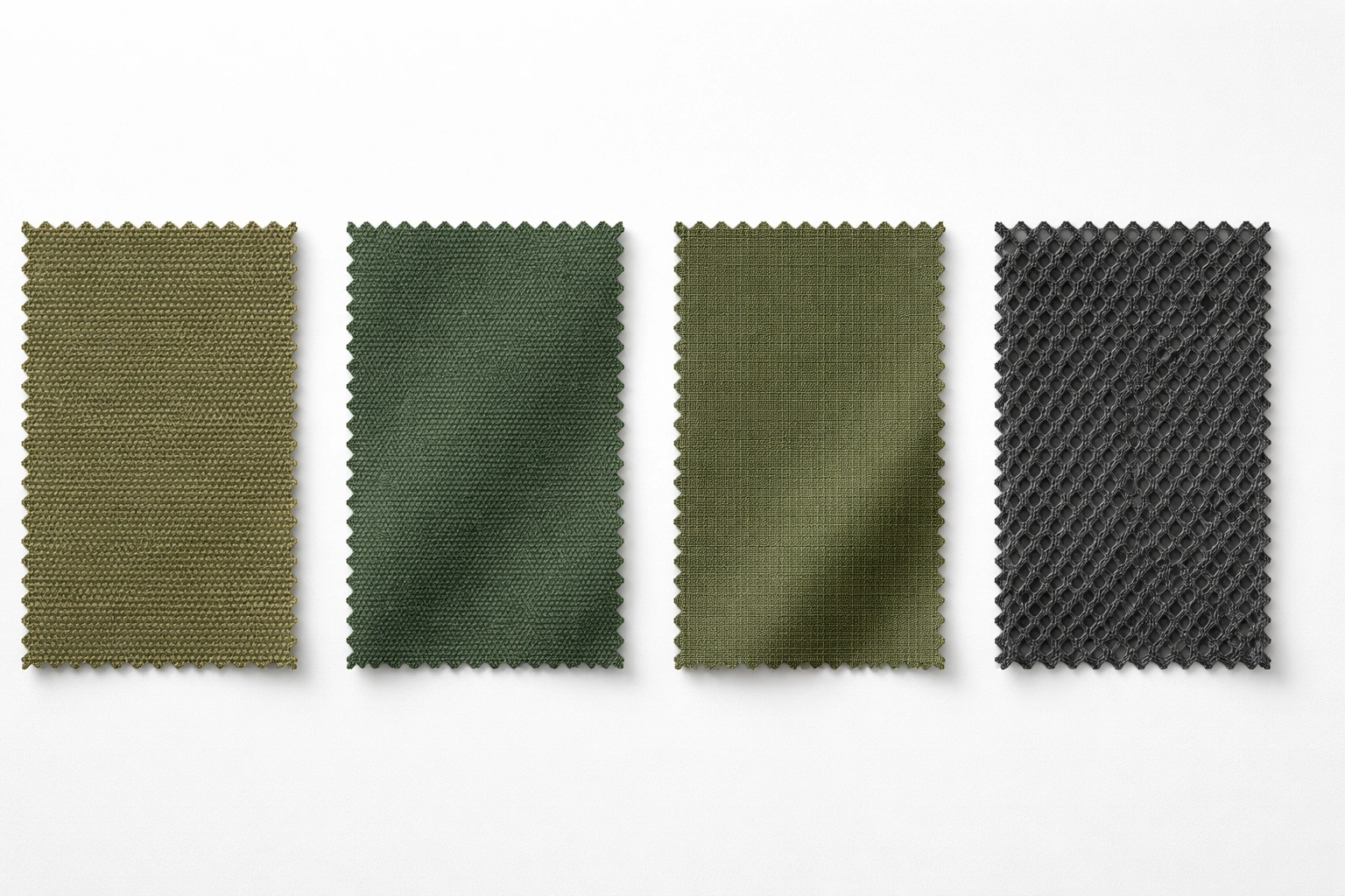 Four fabric swatches side by side: canvas, polyester, ripstop nylon, and mesh textile showing texture differences