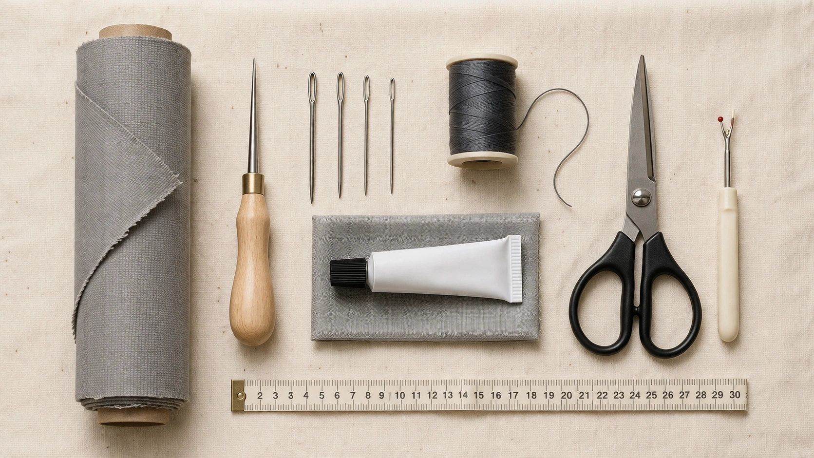 Top-down flat-lay of fabric repair tools including polyester fabric roll sewing awl needles thread scissors measuring tape and adhesive on cream cloth
