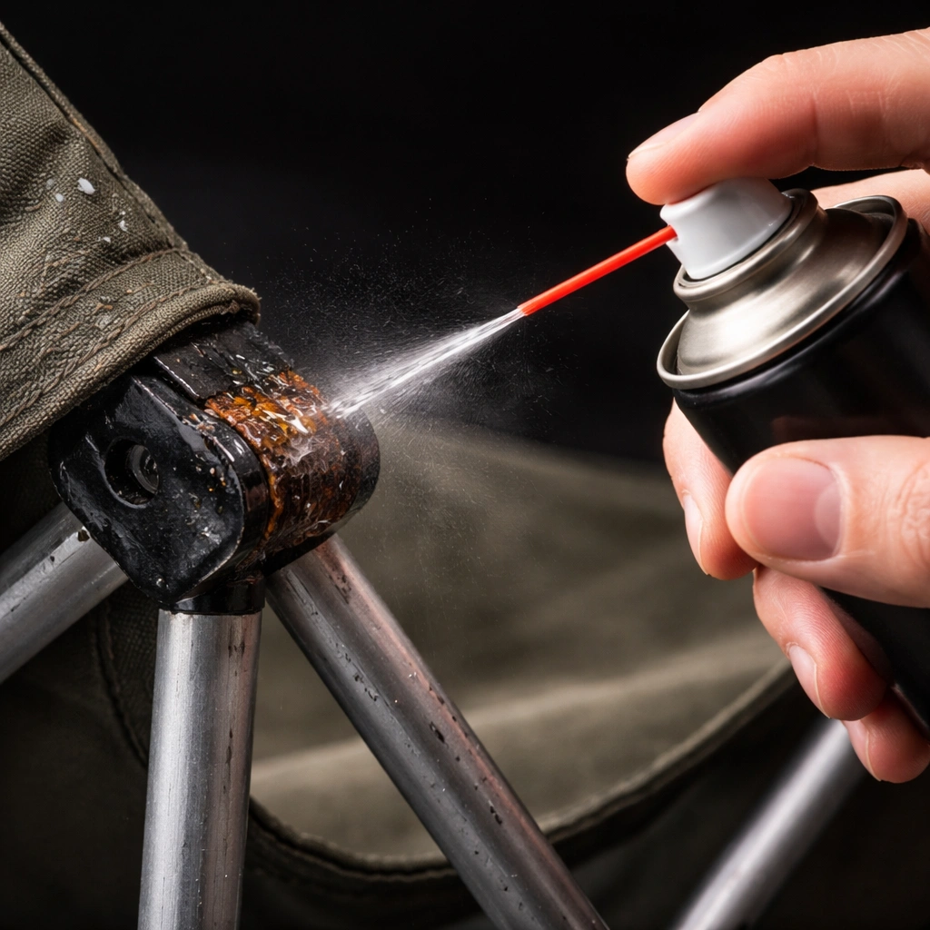 Close-up of hand spraying penetrating oil onto rusted bolt connecting fabric to camping chair frame joint