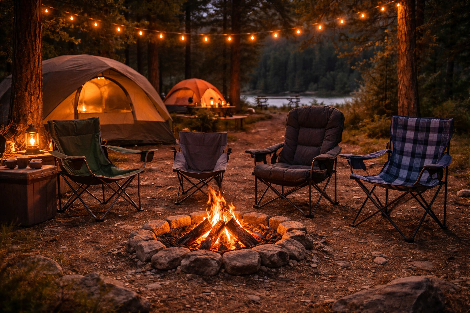 Multiple camping chairs arranged around fire pit at family campsite at dusk with warm firelight and tents in background