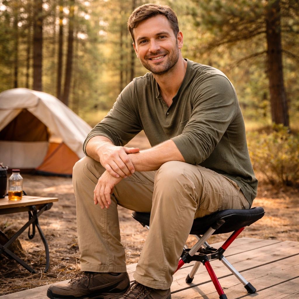 Person sitting comfortably on camping stool