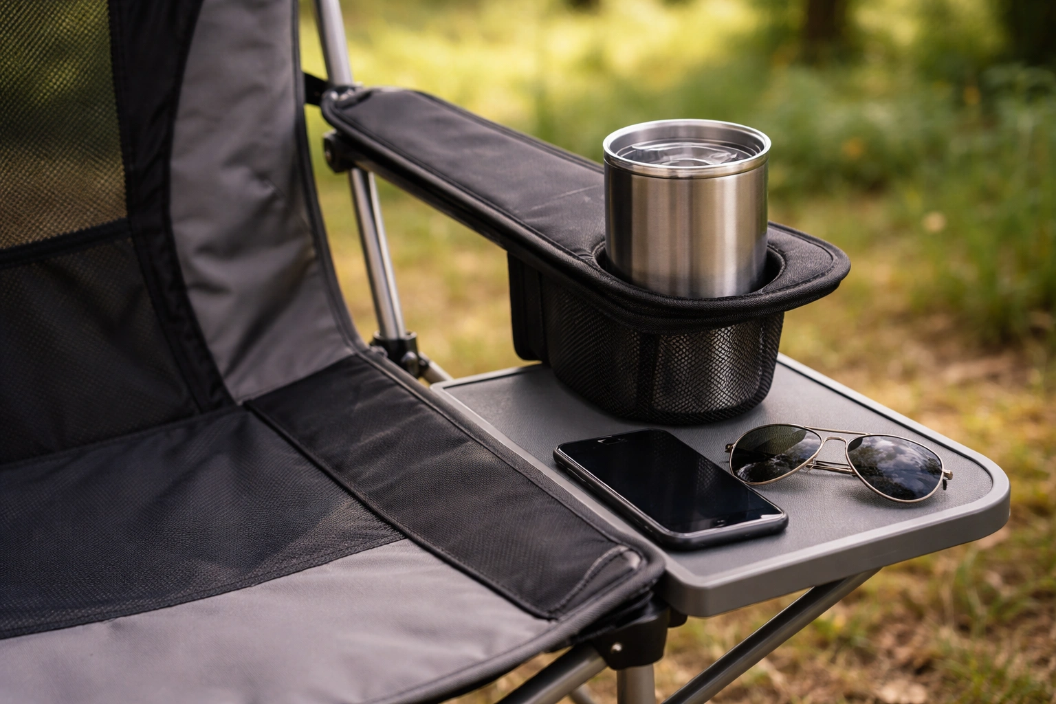 Close-up of camp chair armrest with integrated cup holder and side table holding phone and sunglasses