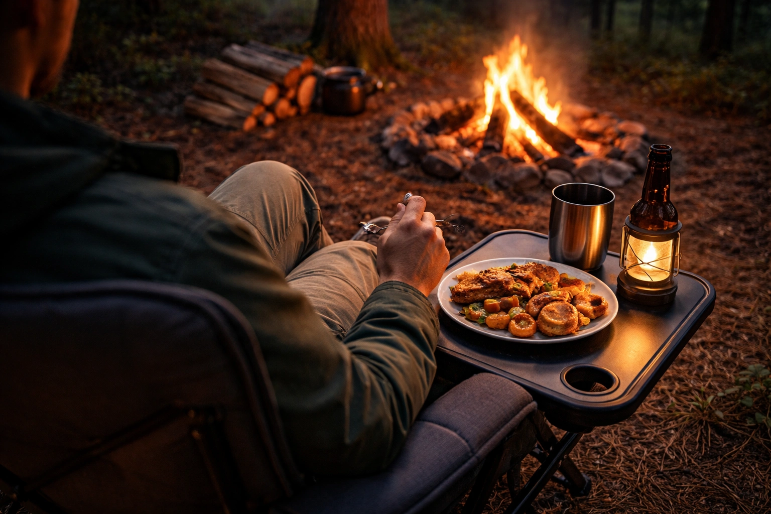 Person sitting in a camp chair eating from a plate on the attached side table by campfire