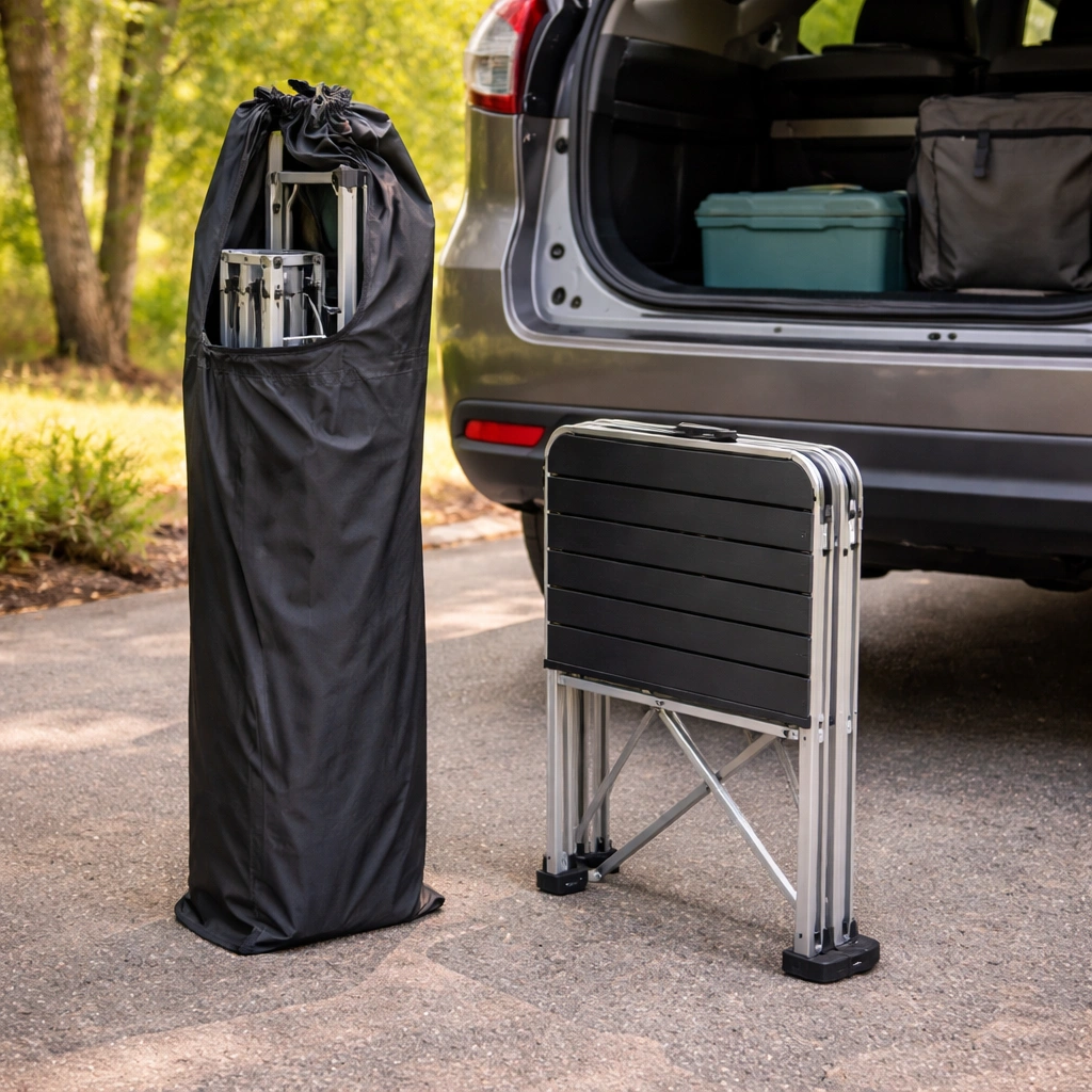 Folded camp chair with side table in carry bag next to car trunk showing compact packed size