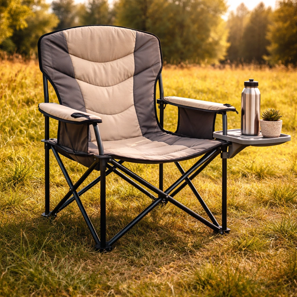 Wide-frame camp chair with side table on grass showing sturdy construction with water bottle on table