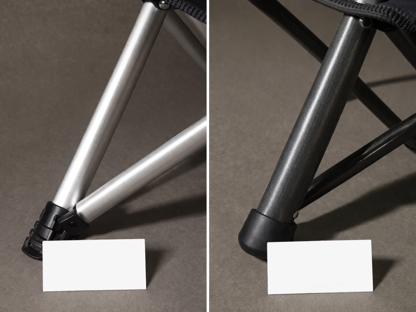 Side by side comparison of thin silver aluminum tube and thick dark gray steel tube on neutral surface