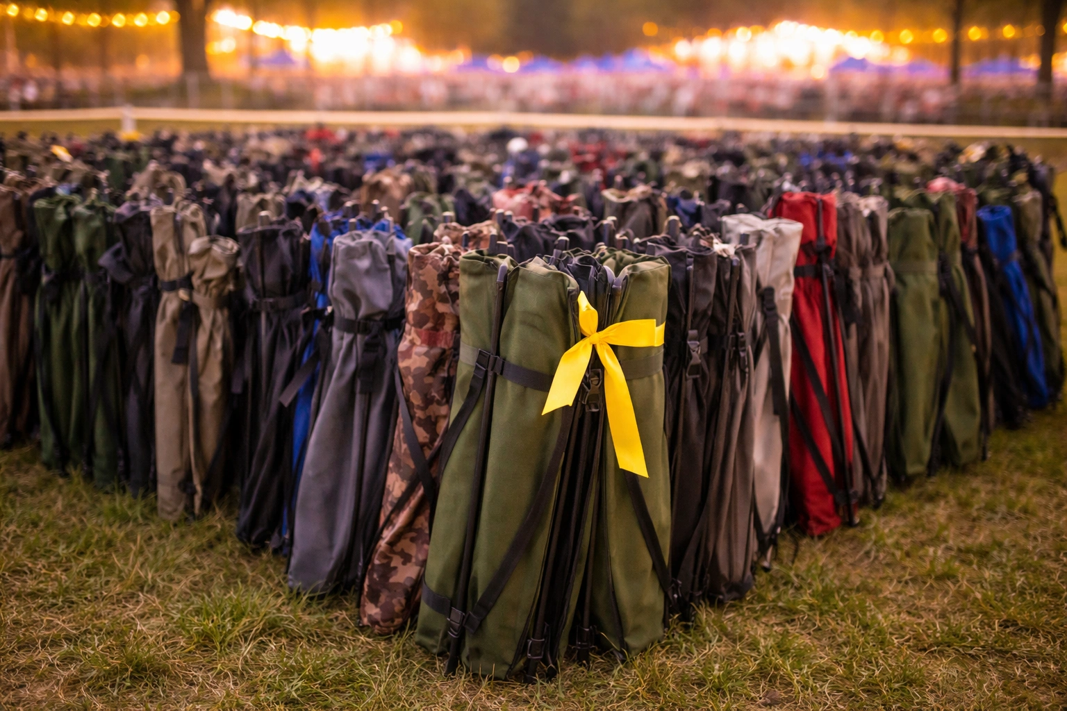 Dozens of folded chairs in festival corral area with one marked by yellow ribbon for identification