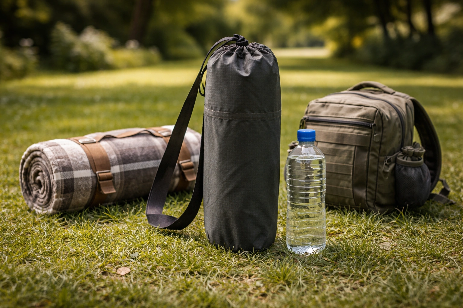 Tiny folded chair in carry bag next to rolled blanket and backpack showing minimal packed size on grass
