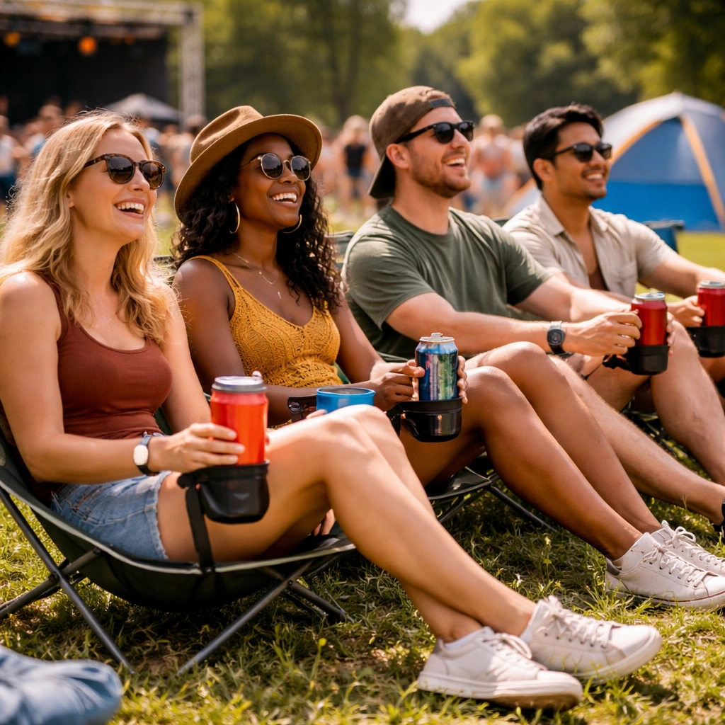 Happy crowd at music festival using portable chairs