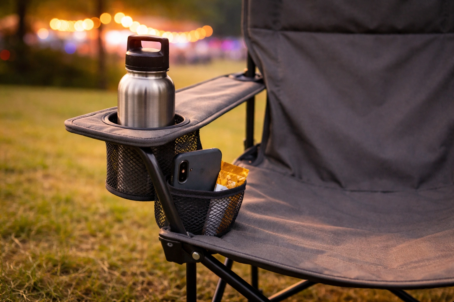 Chair armrest with cup holder water bottle and mesh pocket with phone and snacks on grass
