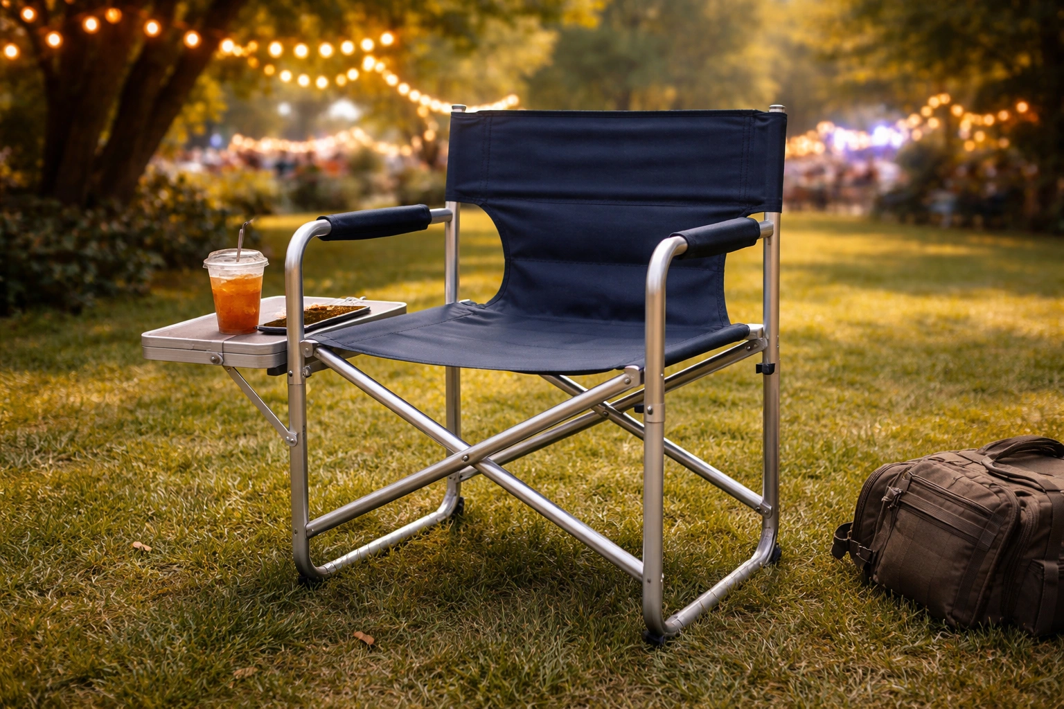 Director chair with side table holding drink phone and snacks under fairy lights at festival venue