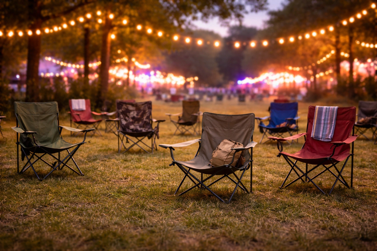 Festival lawn at twilight with LED lights in trees and colorful camping chairs scattered on grass