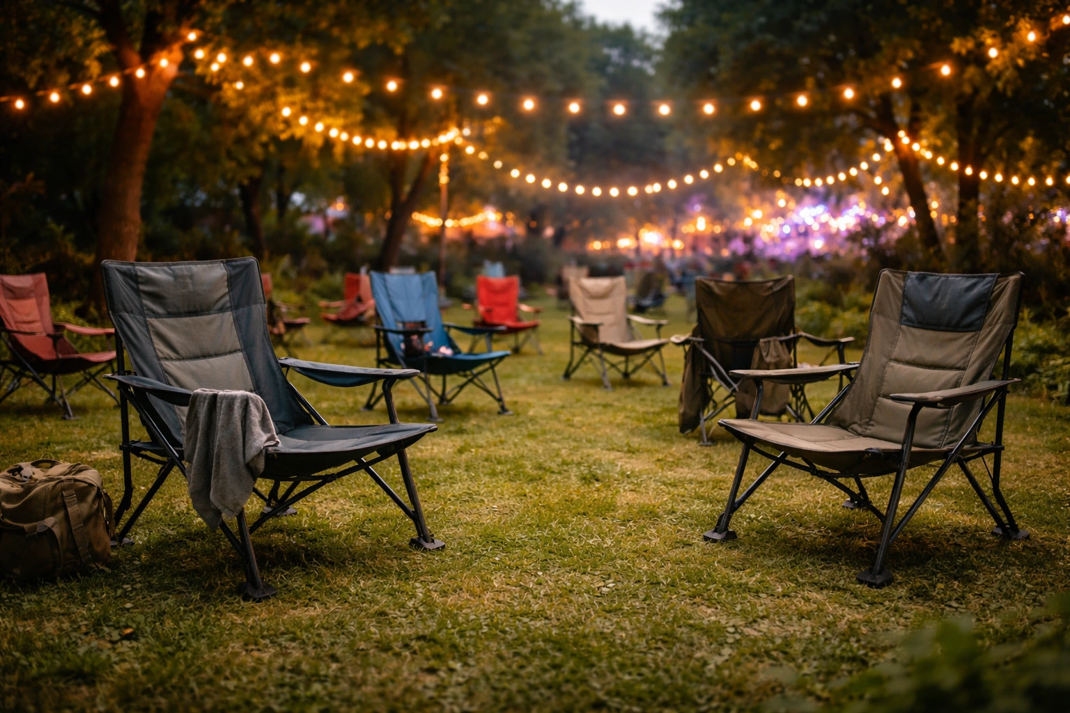 Person carrying compact folded chair in bag walking through festival field with distant crowd