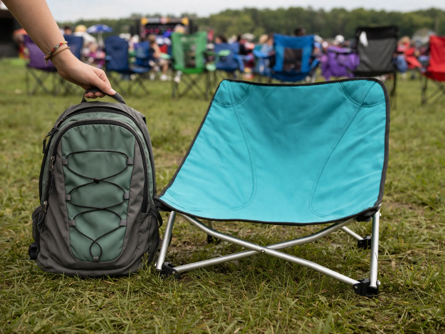 Low-profile teal chair on grass showing height difference compared to standard chairs in background