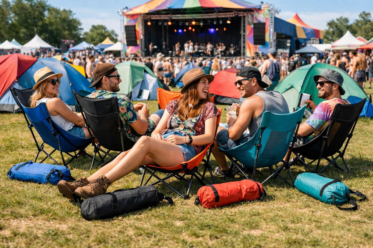 People using lightweight reclining chairs at outdoor music festival