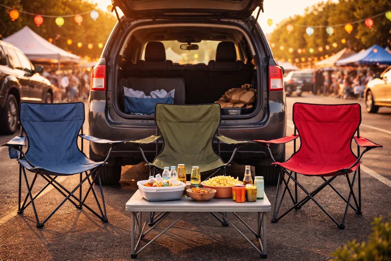 Tailgating scene with three chairs behind open SUV tailgate with portable table drinks and snacks before concert