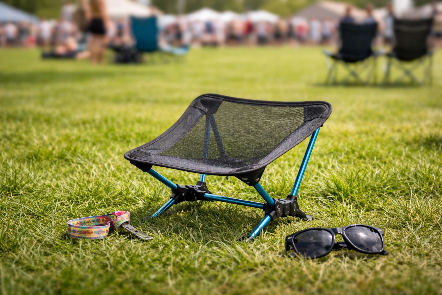 Tiny ultralight shock-corded pole chair on grass with festival wristband and sunglasses for scale