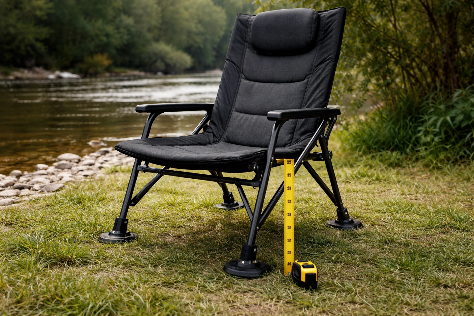 High-back camping chair with padded lumbar support showing elevated seat height by river