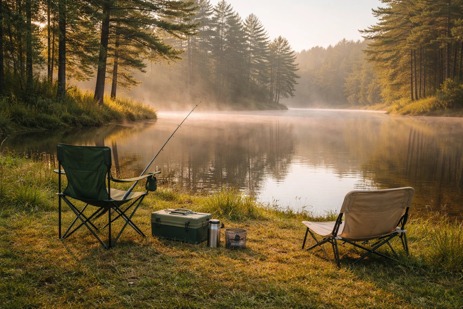 Fishing campsite on calm lake shore at early morning with two chairs rod holder and tackle box in soft fog