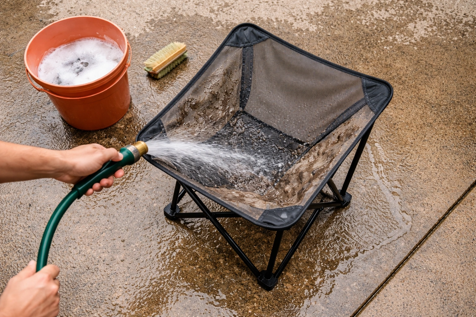 Hands rinsing muddy camping chair frame and mesh seat with garden hose on concrete driveway after fishing trip