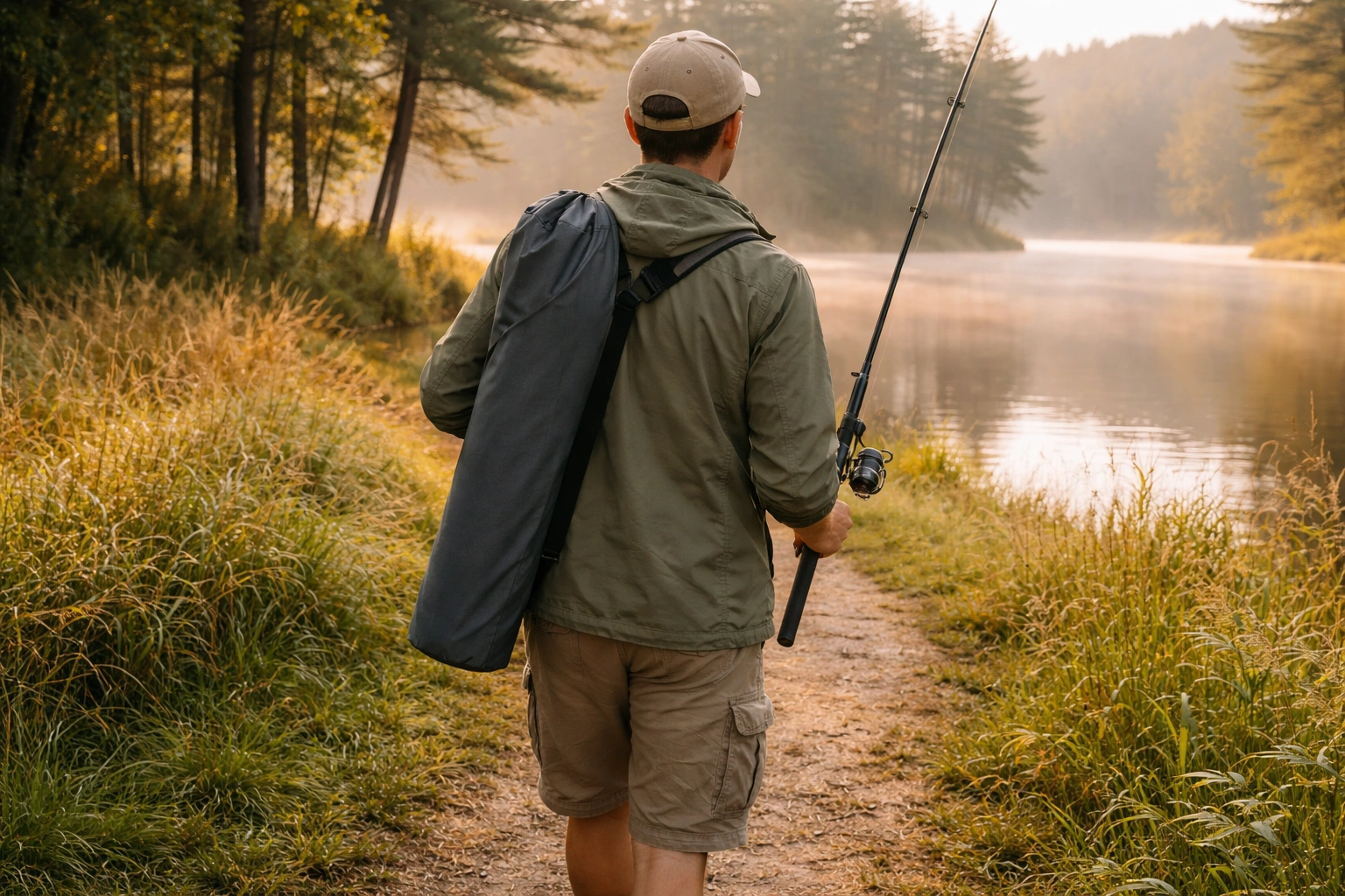 Person carrying folded chair in bag and fishing rod walking along lake dirt path