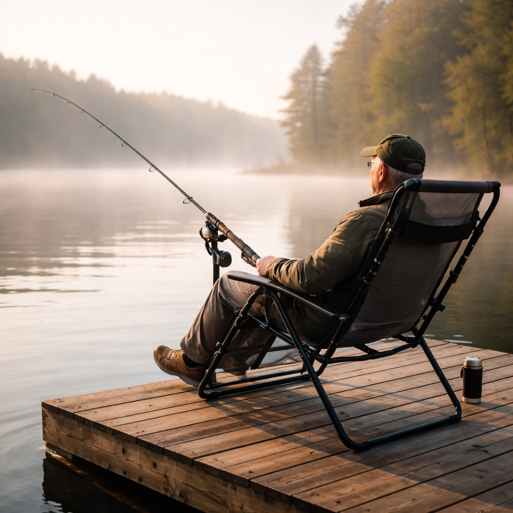 Angler using zero gravity recliner while fishing by the lake