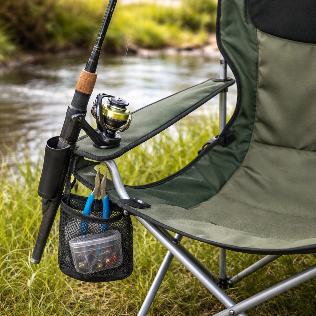 Close-up of chair with built-in rod holder and mesh pocket with fishing pliers and tackle