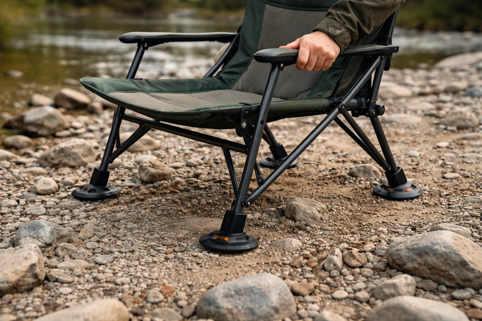 Camping chair with wide anti-sink feet on uneven rocky riverbank demonstrating stability