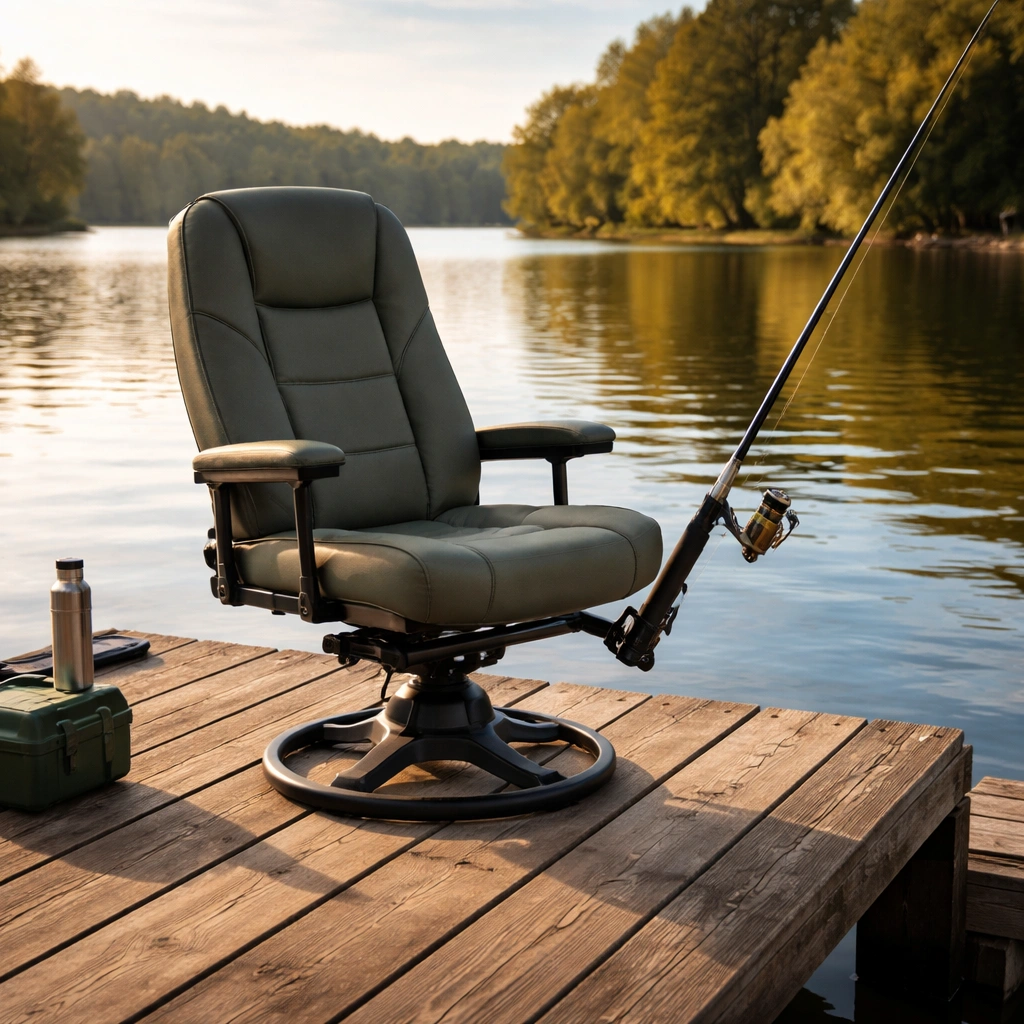 Swivel-base fishing chair on wooden dock over lake with rod in built-in holder at late afternoon