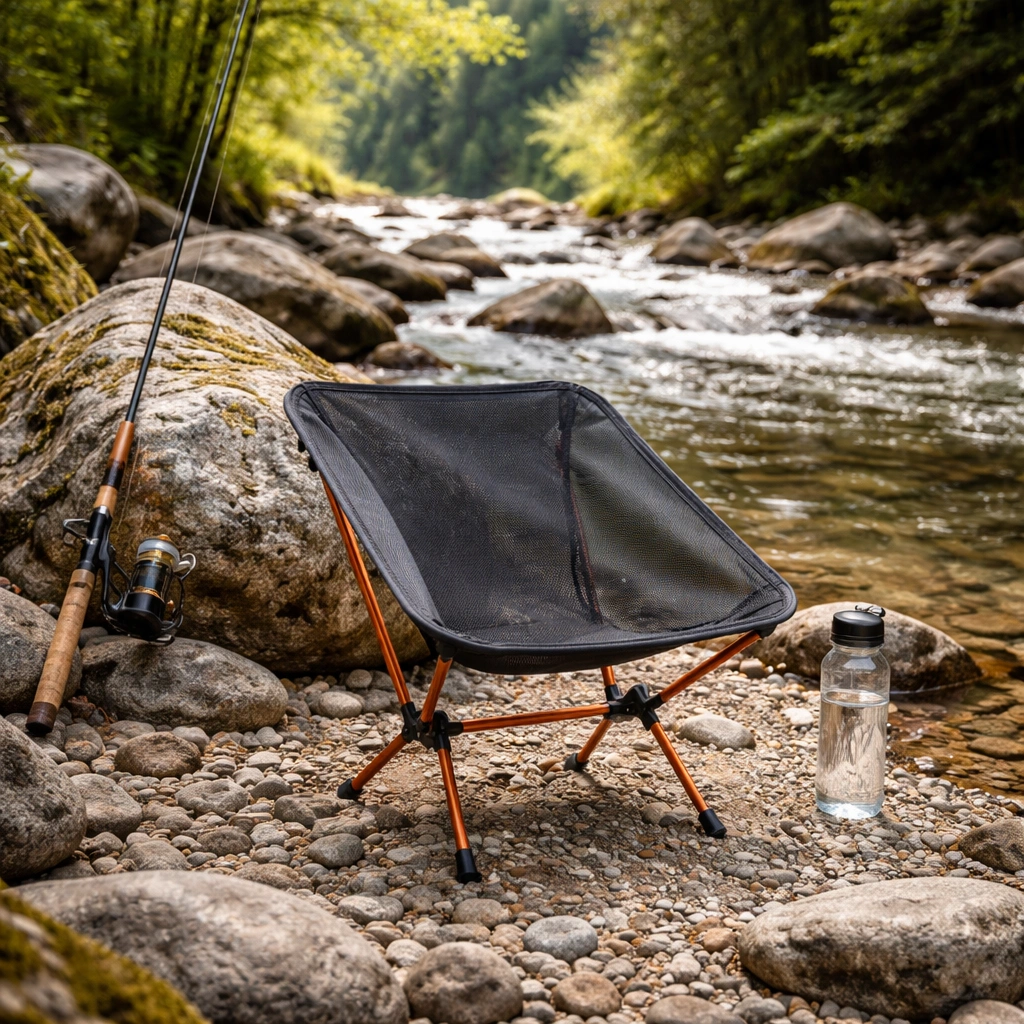 Tiny ultralight camping chair on rocky shoreline next to flowing stream with fishing rod against rock