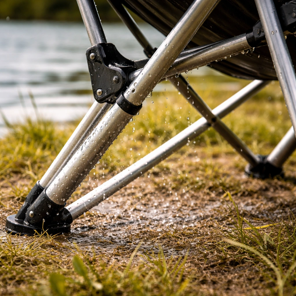 Aluminum chair frame with water droplets showing rust resistance near lake edge