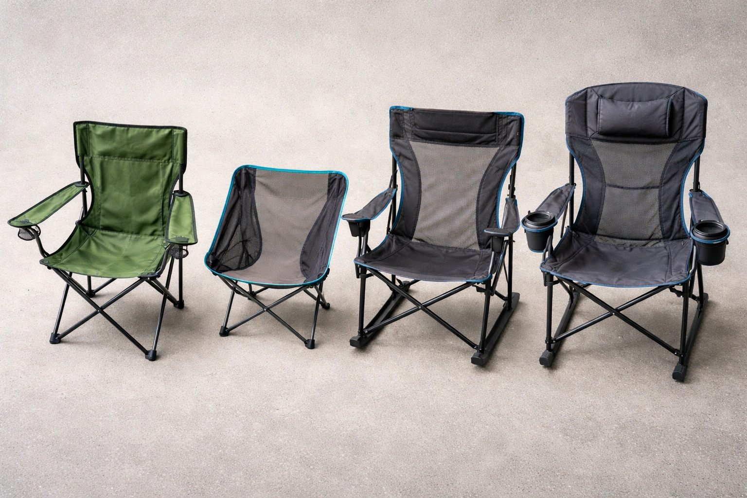 Four different types of camping chairs arranged side by side showing quad ultralight rocking and heavy duty styles