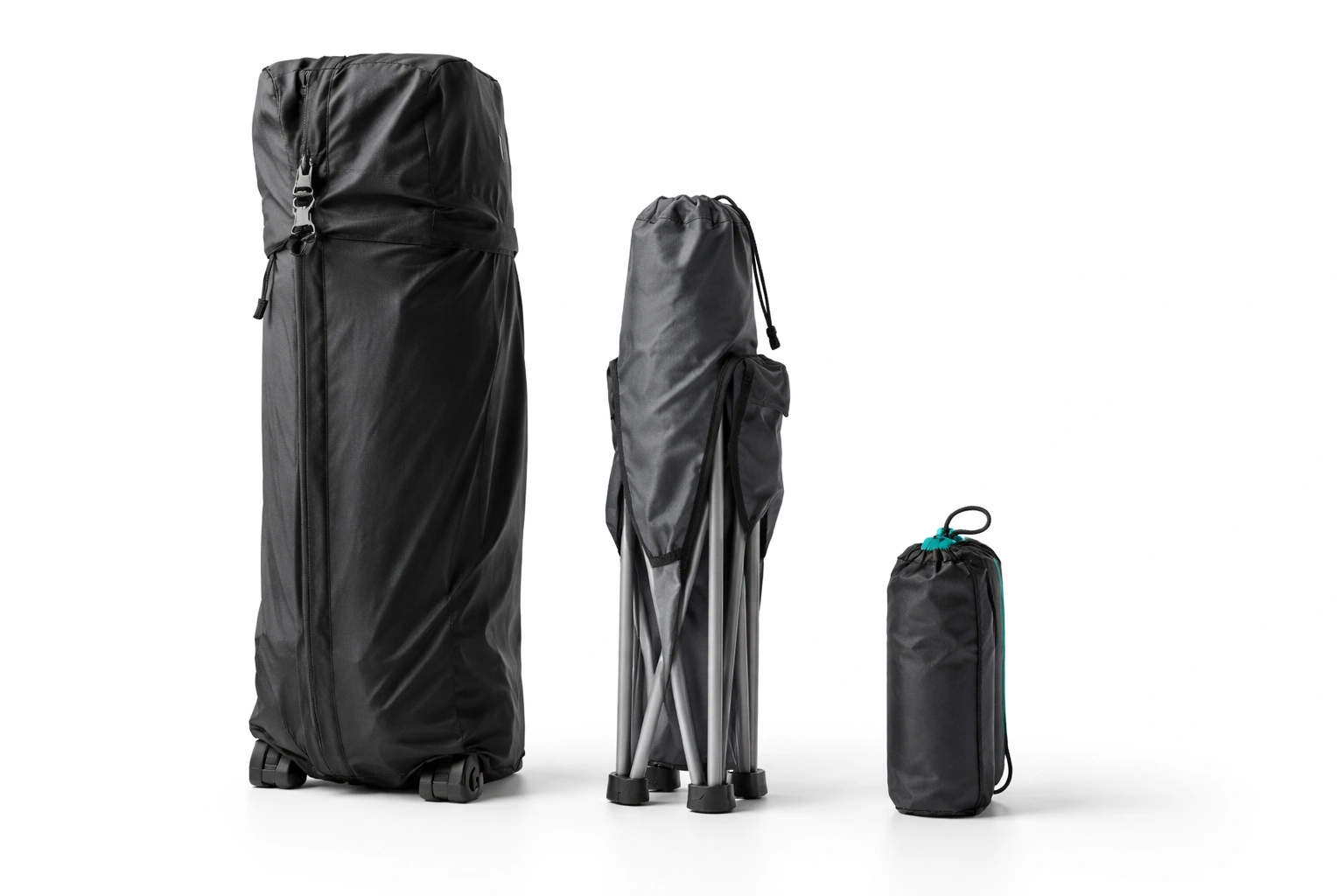 Three folded camping chairs of different sizes lined up showing large heavy duty standard and tiny ultralight comparison