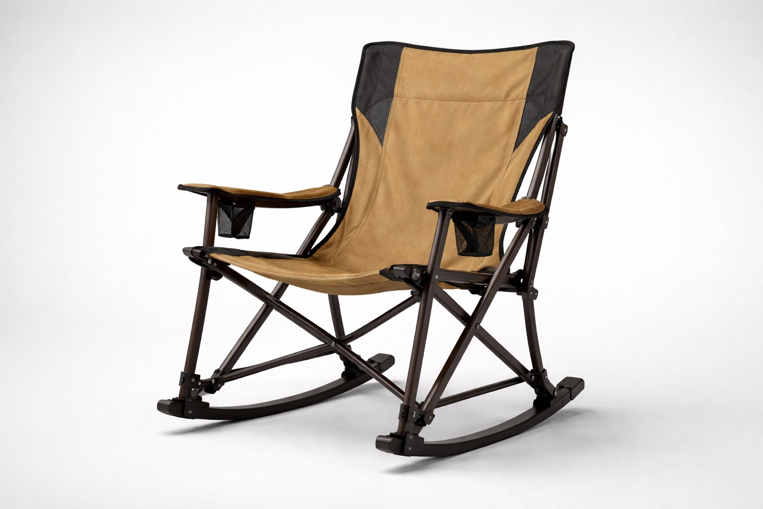 Rocking camping chair with extra hinge mechanism at the rocker base