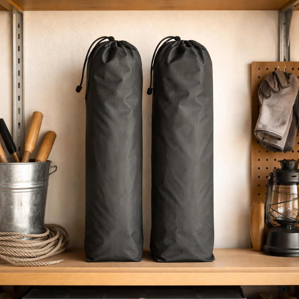 Two folded camping chairs stored neatly in carry bags standing on a wooden shelf in a clean garage