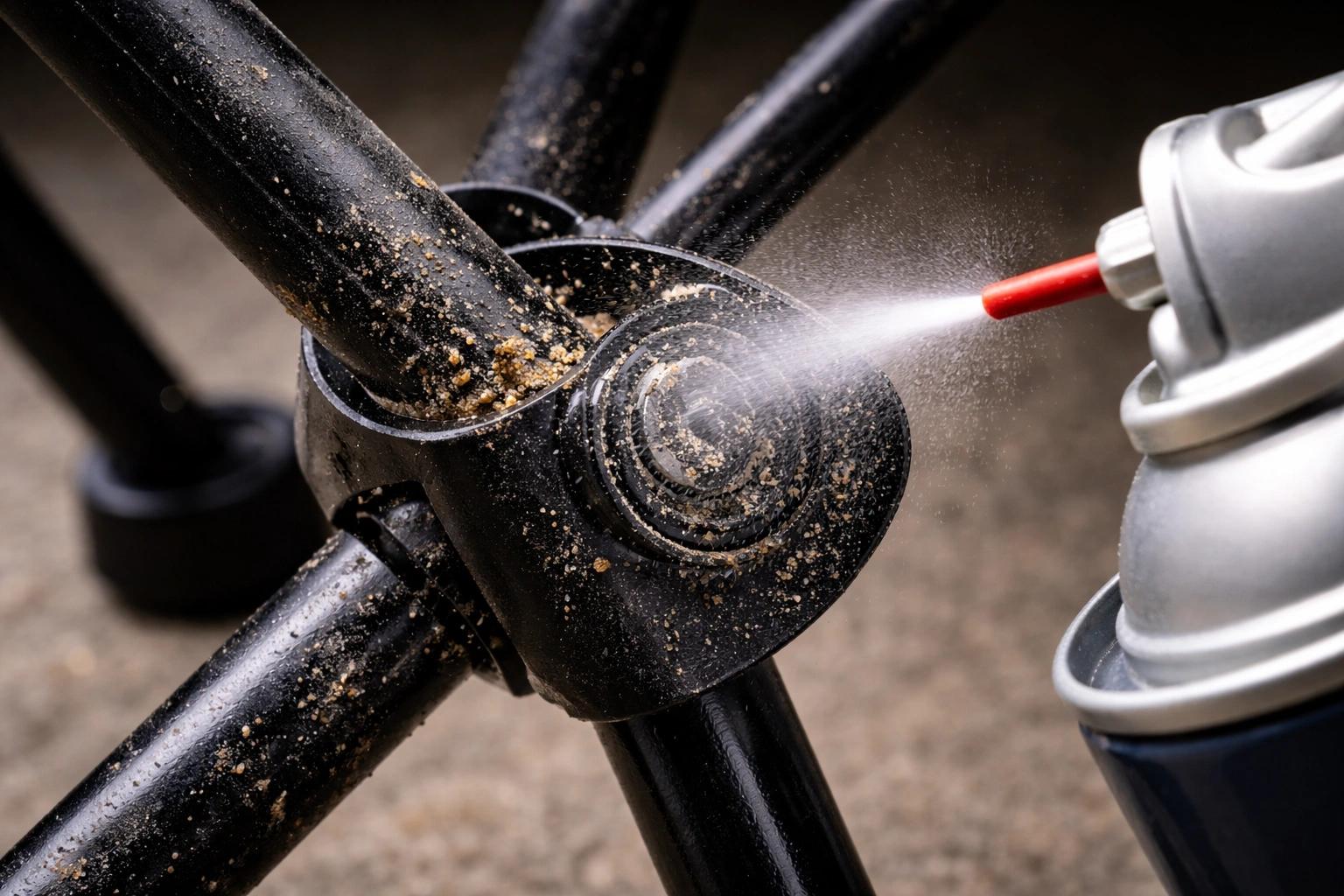 Close-up of sandy dirty camping chair hinge joint being sprayed with silicone lubricant