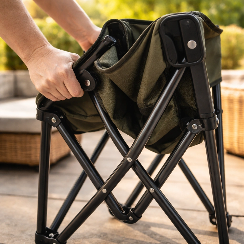 Close-up of hands gripping side rails pushing seat upward to collapse a quad camping chair X-frame