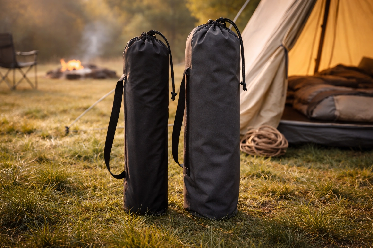 Two folded camping chairs in carry bags standing side by side next to tent door at morning campsite