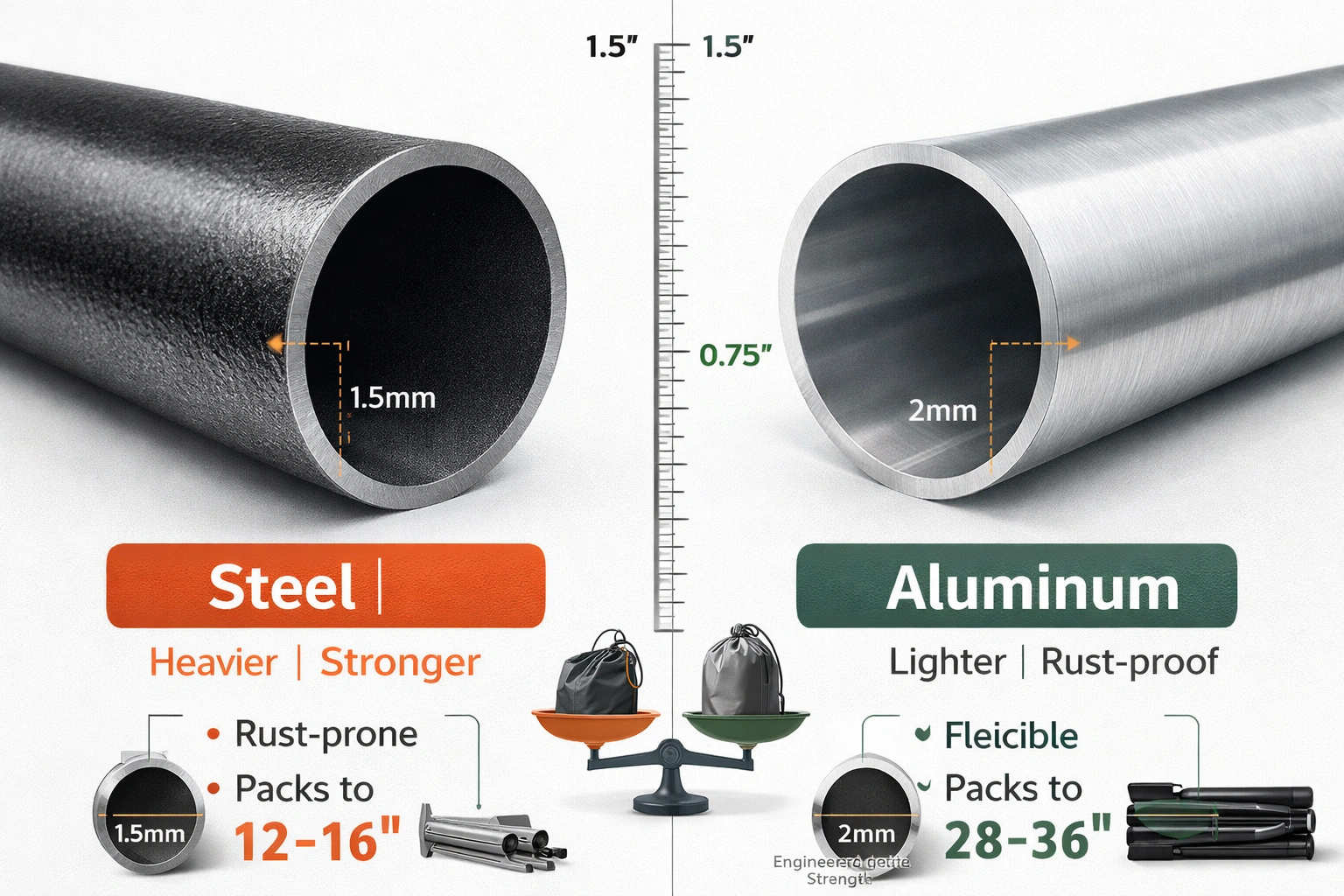 Close-up comparison of steel and aluminum tubing showing thickness and construction differences