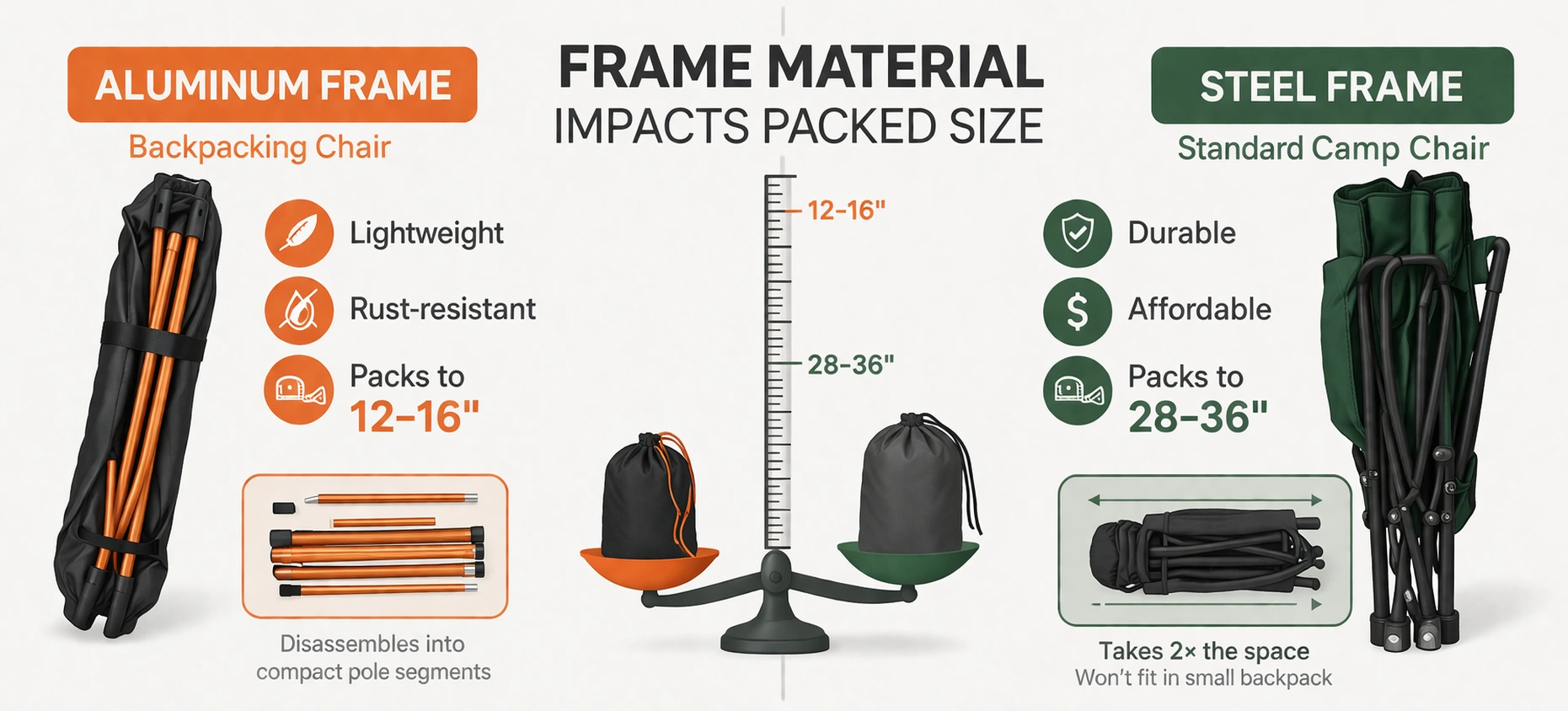Comparison of steel and aluminum chair frames showing packed size differences
