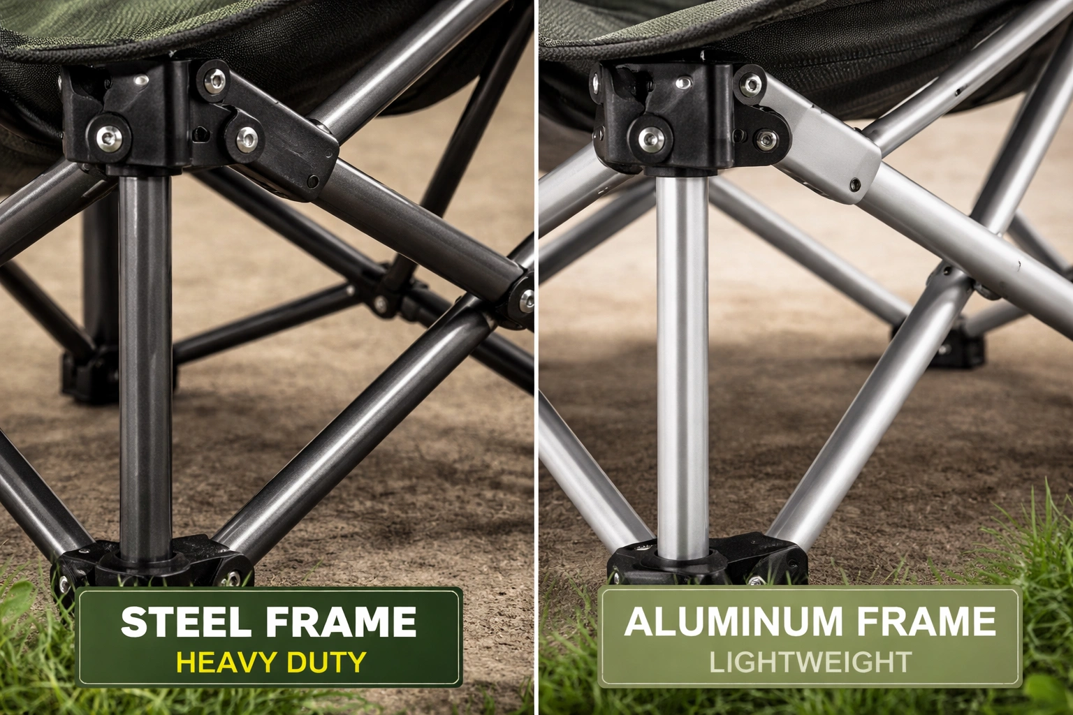 Camping chair frame materials comparison - Steel frame for heavy duty and Aluminum frame for lightweight