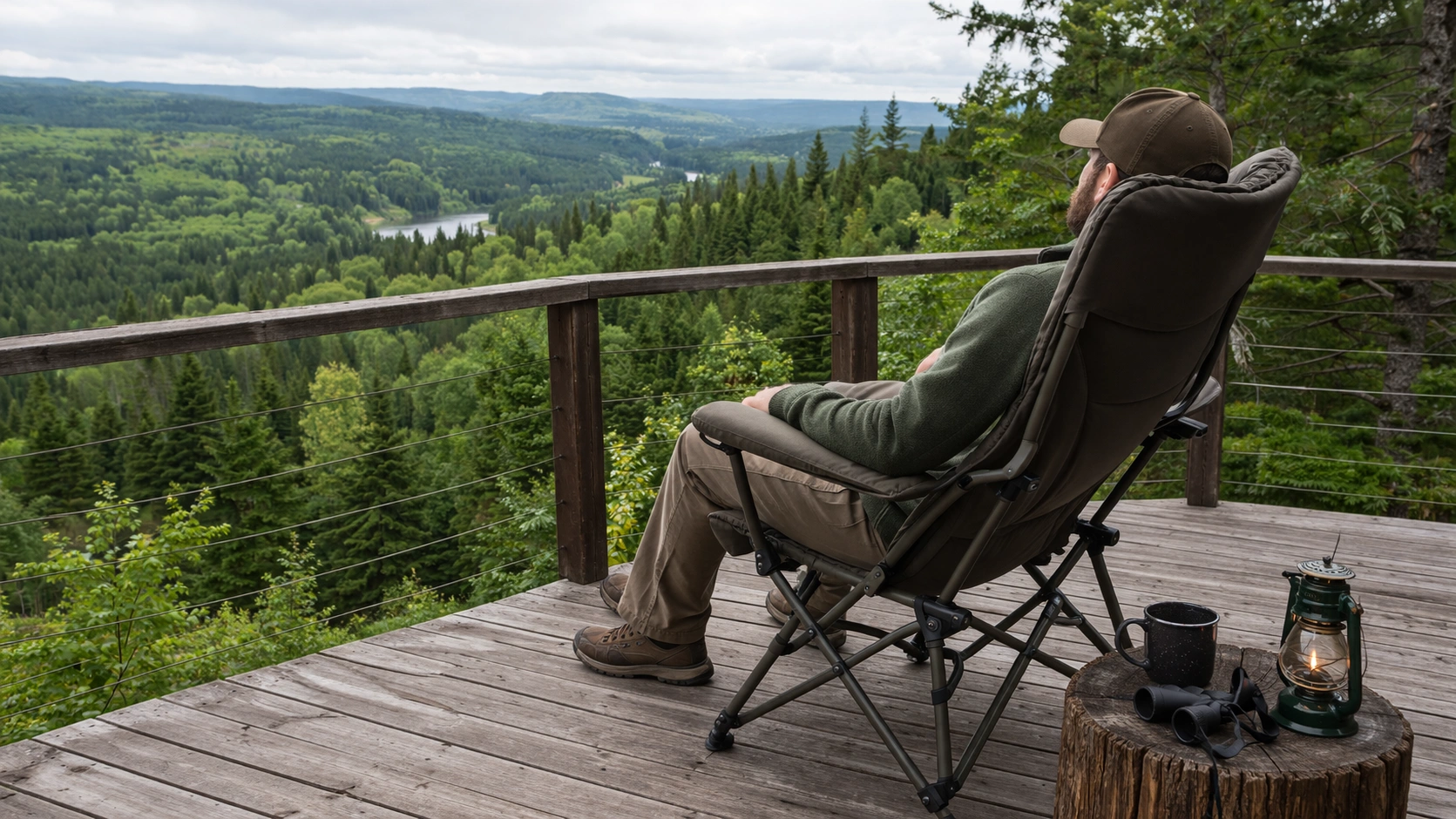 Wide padded high-back camping chair with broad seat and padded armrests on wooden deck at scenic overlook with tall person sitting comfortably, forest valley background
