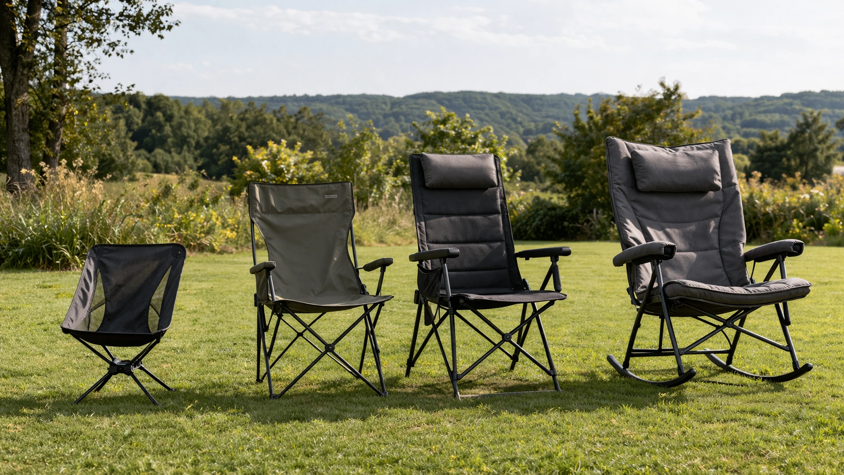 Four different camping chair styles arranged by size from compact lightweight to wide padded rocking chair on grassy lawn