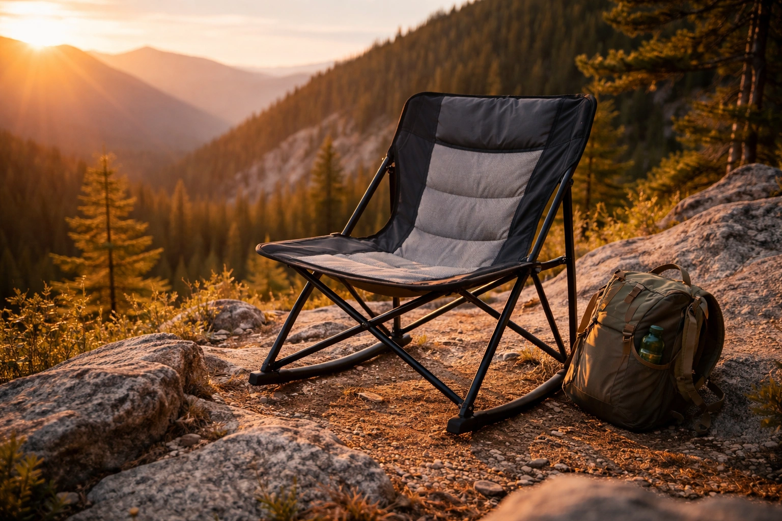 Compact lightweight camping chair with simple frame on rocky outcropping at scenic overlook during golden hour with small backpack beside it