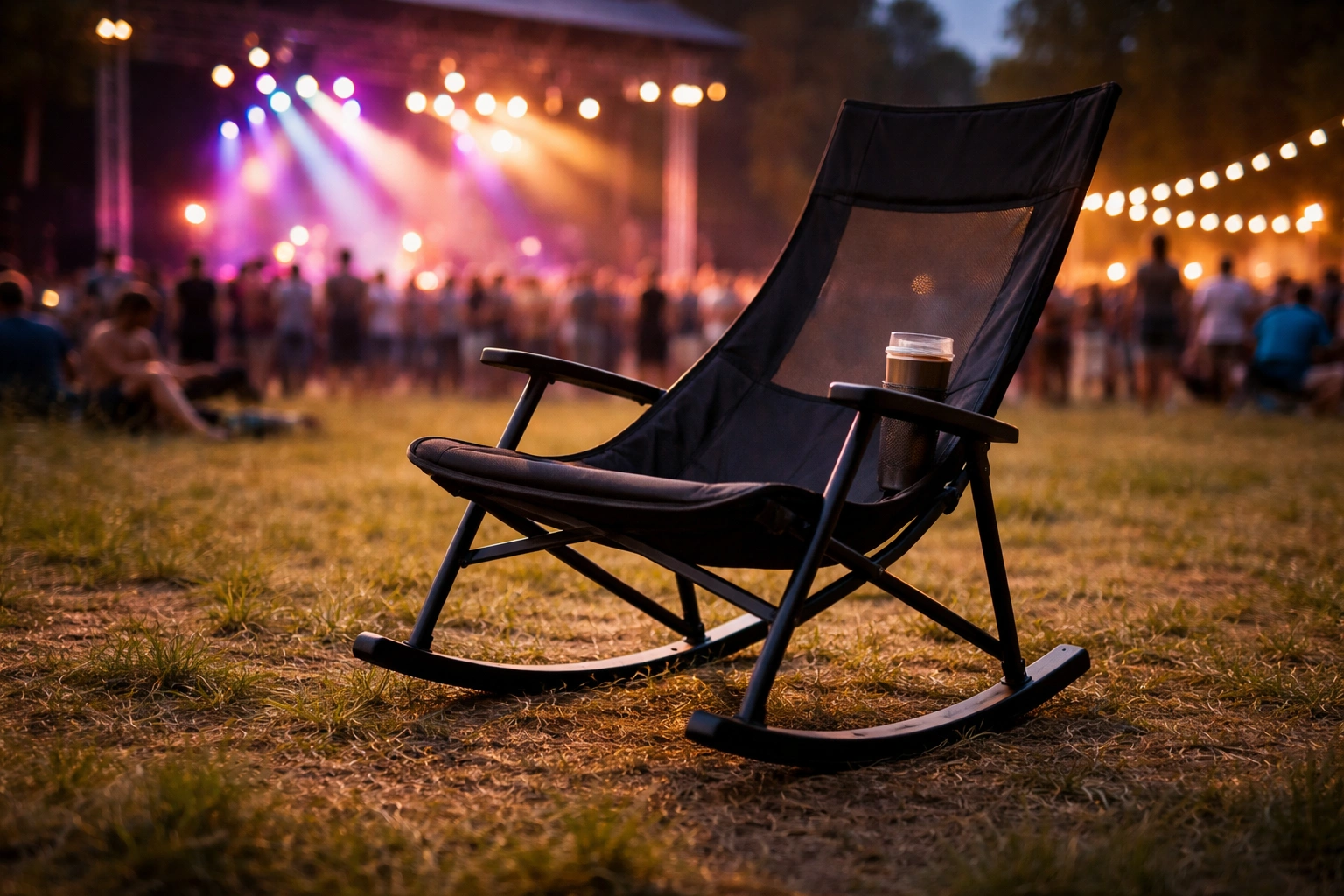 Rocking camping chair on grass at outdoor music festival at twilight with colorful stage lights and bokeh crowd in background, drink in cup holder