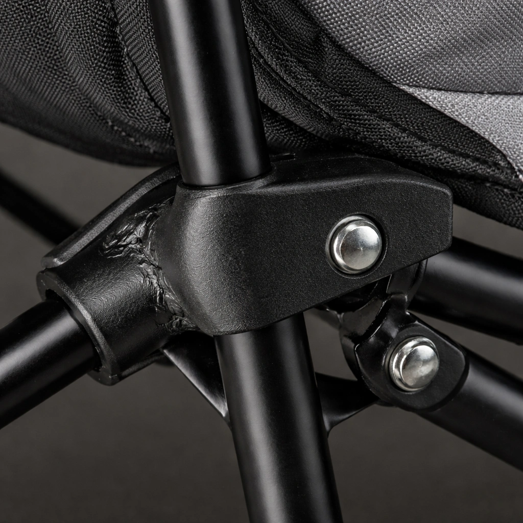 Macro of powder-coated steel frame tube meeting reinforced plastic hub connector with visible weld point and cross-bracing hardware on dark background