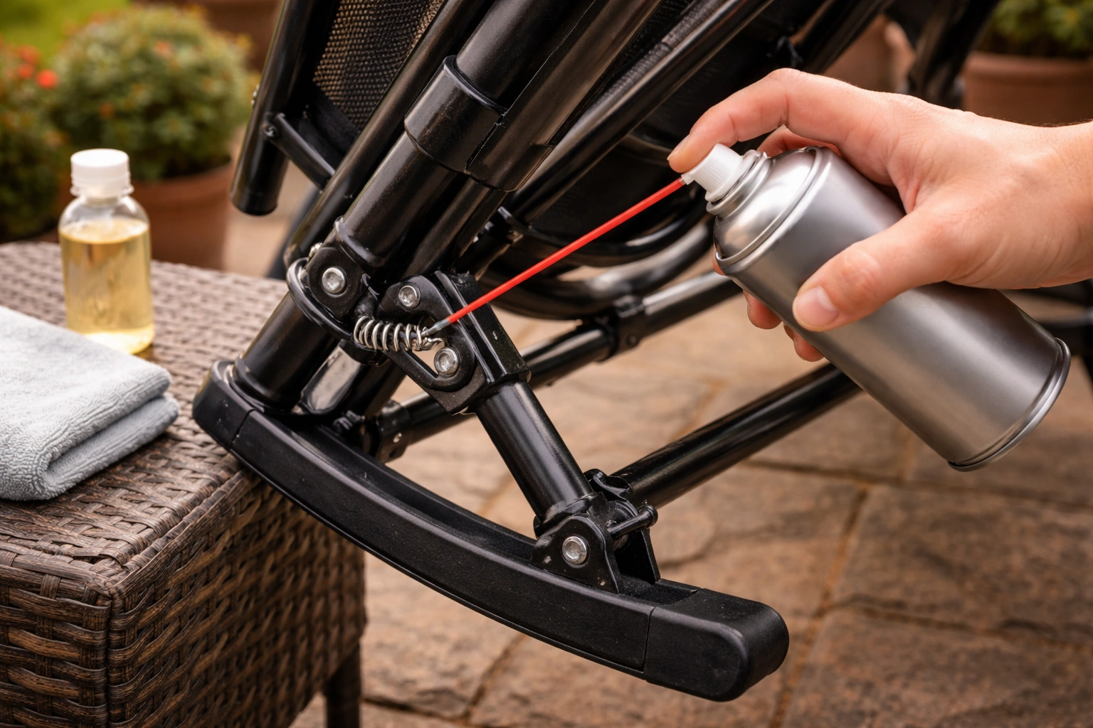 Hands applying silicone spray lubricant to hinge mechanism of folded camping chair rocking base outdoors on patio with lubricant bottle and rag nearby