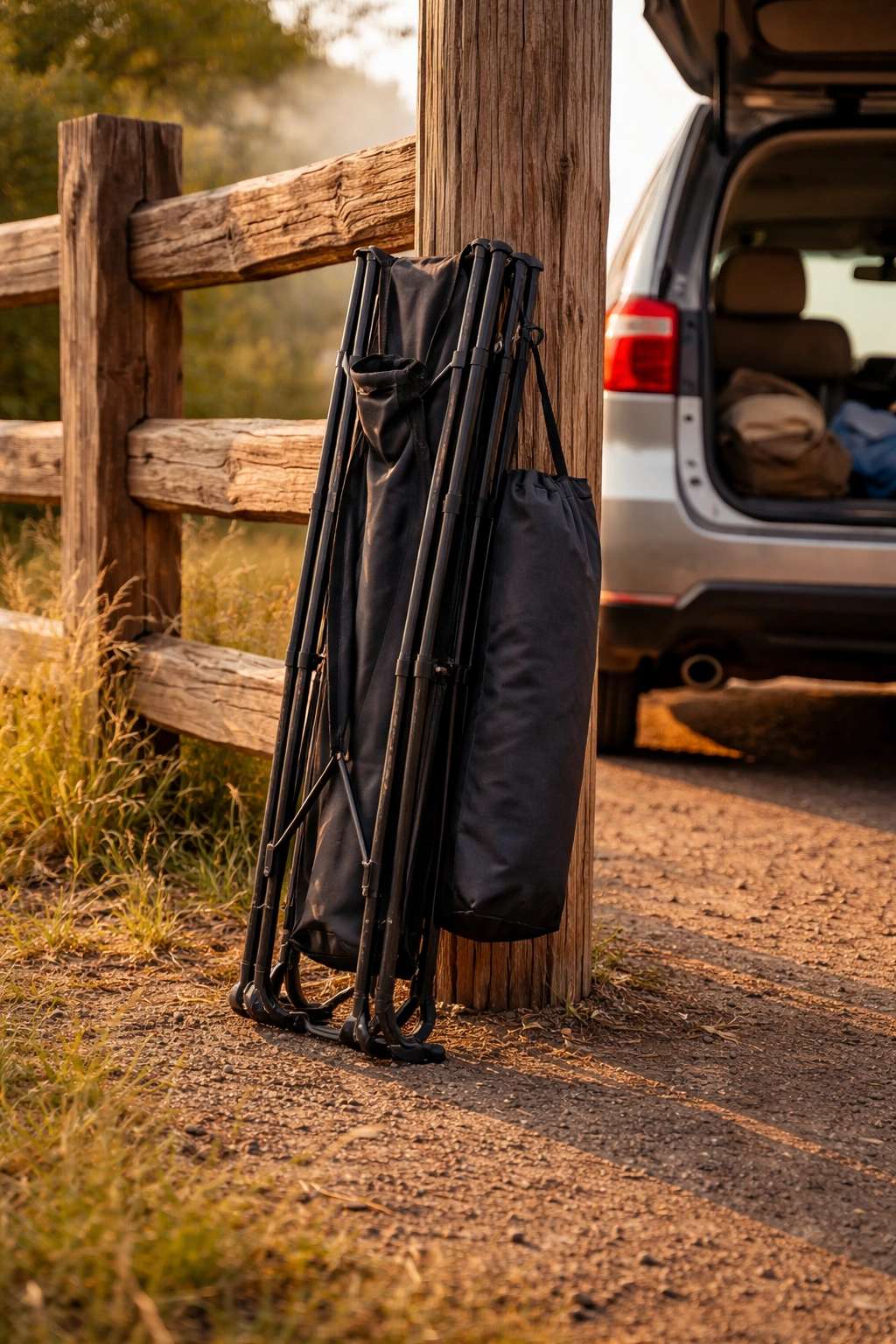 Folding camping chair folded flat with carry bag beside open car trunk on morning sidelight, compact slim profile